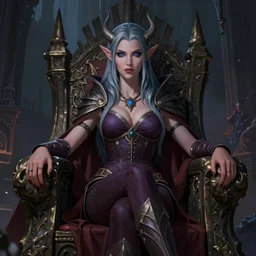 a highly detailed color illustration portrait of a female tiefling sitting on throne in dark eerie castle setting, pathfinder portrait, d & d portrait, hires, 4 k, symmetrical, centered, art by michael whelan, frank frazetta, tim hildebrandt, gerald brom, keith parkinson, boris vallejo