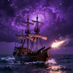 purple color lighting storm with stormy sea,pirate ship firing its cannons with a water spout in the background. trippy nebula sky 50mm shot, fear and loathing movie