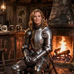 kate beckinsale weared in full plate armor, sit in fantasy tavern near fireplace, behind bar deck with bear mugs, medieval dnd, by Manuel Sanjulian