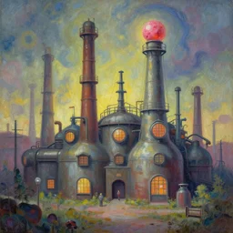 chernobyl bubblegum factory. gouache fairytale art, russian romanticism, muted palette, psychedelic art, backlighting, depth of field