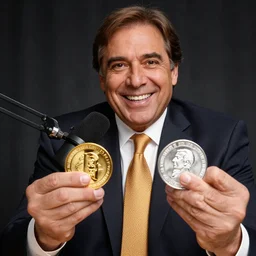 robert kiyosaki podcasting excited with gold and silver in hands hdr