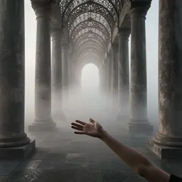 arm reaching out of thick fog, symetrical rows of tall stone columns in far distance, intricate zdzislaw beksinski