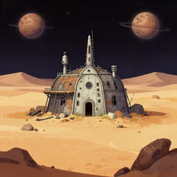 in front of the remains of an abandoned human outpost, on a desert planet, from a space themed point and click 2 d graphic adventure game, art inspired by thomas kinkade