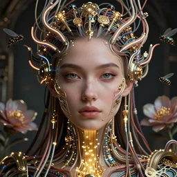 very beautiful woman integrating with technology, full face frontal centered, portrait, insipiring, detailed intricate ornate neon pulsating cables connected to head, extremely detailed eyes, luxurious detailed abundent wiring and implants, gold optical fiber, renaissance, sci - fi, detailed technology background with cyber flowers and insects, dramatic lighting, photography, highly detailed, artstation, 8 k,