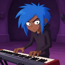 2 d from gorillaz playing a keyboard, blue hair, gorillaz style, jamie hewlett, animated music video screenshot
