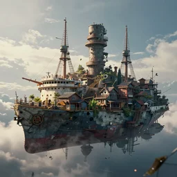 a makeshift village build in a huge abandoned ship floating in the sky, sci - fi, from alita : battle angel ( 2 0 1 9 ), cyberpunk, futuristic, 8 k matte, cinematic lighting, trending on artstation, unreal engine 5, highly detailed, 8 k wallpaper, cinematic lighting, octane, matte painting, volumetric lighting, atmosphere, mist, fog, clouds, matte painting, master shot, wide angle, establishing shot, v - ray
