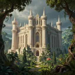 gigantic palace-castle adorned pillars, towers, gnarly trees, lush vegetation, forrest, landscape, raphael lacoste, eddie mendoza, alex ross, concept art, matte painting, highly detailed, rule of thirds, dynamic lighting, cinematic, detailed, denoised, centerd
