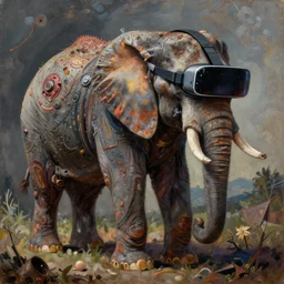 cyber elephant, cybertronic gadgets and vr helmet, durty colours, rotten textures, rusty shapes, flesh + technology, biotechnology, norman rockwell, tim hildebrandt, dariusz zawadzki, bruce pennington, larry elmore, intricate details, hyperrealistic oil painting on canvas, deep depth field, cinematic composition, hyper - detailed