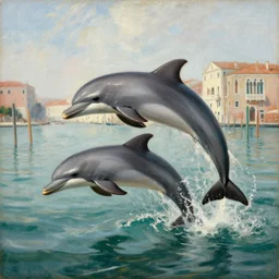 dolphins swimming and jumping in venice, painting by gaston bussiere, craig mullins
