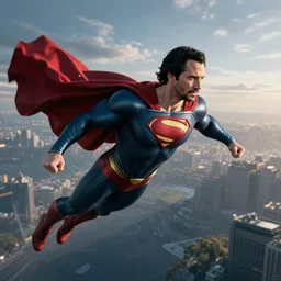 Keanu reeves is superman flying through the sky in the new justice league movie, directed by Zack Snyder, shot from the sky
