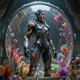 octane render by wayne barlow and carlo crivelli and glenn fabry, a woman in a skintight shiny black spacesuit with intricate iridescent metal detailing, covered in bright colorful alien flora and fauna inside a massive cavernous metal dome, cinema 4 d, ray traced lighting, ultra - detailed, volumetric lighting, very short depth of field, bokeh