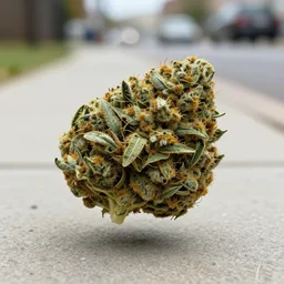 a large nugget of weed hovering in the air above the sidewalk, menacingly