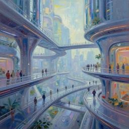 view of modern futuristic multi - level levitating walkways, floating, pedestrians, detailed luminescent oil painting 4 k