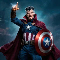 photograph of captain america performing magic like doctor strange, photography, dramatic