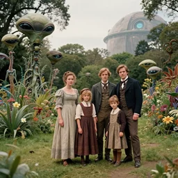 highly detailed, 8192k film, 7000mm film still from a sci fi blockbuster color movie made in 2019, set in 1860, of a family standing in a park, next to some strange alien plants and flowers, on an alien planet, the family are all wearing 1860s era clothes, good lighting, good photography