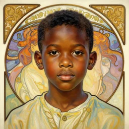 colourful upper half portrait of an african boy, art by hsiao - ron cheng & alphonse mucha, highly detailed, digital painting, ray tracing, concept art, illustration, smooth sharp focus, intricate, symmetry, artstation,