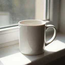 a 4 k photorealistic photo close up of a mug on a sunny windowsill.
