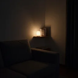 a dark room with a couch and a small shelf with book lit by a dim light.