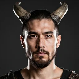 a close-up studio photography portrait of man with squared-jawed and Petit Goatee beard, two horn on this head, warrior style, dramatic backlighting