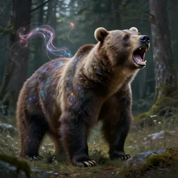 fantasy painting of aggressive charging bear, roaring, magical marks and glowing magical wisps, dark forest in background, painted by greg rutkowski and andreas rocha