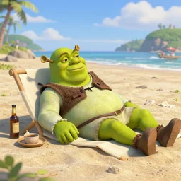 shrek sunbathing at the beach