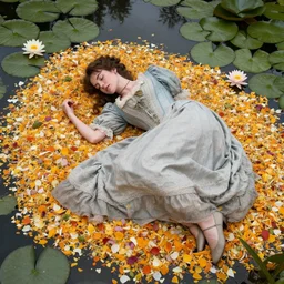 stunning centered portrait of a women in a victorian dress sleeping on a pond surrounded by petals and water lilies, inspired by ophelia