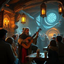 an ultradetailed matte painting of a halfing bard, playing a lute in a tavern, warm colors, cozy, crowd of listening fans, fantasy, d & d, intricate detail, cinematic, 8 k, cel shaded, volumetric lighting, octane render, art by greg rutkowski and albert bierstadt
