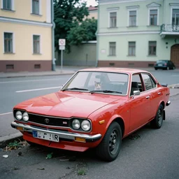 an abandoned red coupe toyota levin ae 9 0 with cats inside stays in saint - petersburg, street, film photo
