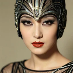 close up of face of a fashion model in art deco dress, photo by edward steichen, highly detailed