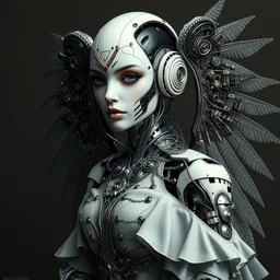 portrait of beautiful female robot super model wearing a detailed steampunk with mechanical wing, perfect symmetrical pose, sharp, by irakli nadar with intricate detailed wearing silver victorian dress designed by alexander mcqueen and rocky gathercole, haunting, elite, elegant, ruan jia, dark, hyper detailed, concept art, intricate, detailed