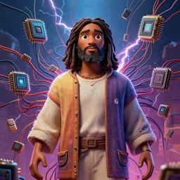 stylish 3 d vfx - drew struzan movie poster - art of an african jesus surrounded by wires, computer chips and lightning, art style by james jean & hsiao - ron cheng, unreal engine render, digital illustration, sharp, intricate detail, volumetric lighting, ray tracing, soft light, colourful, claymation style, ernie barnes style, symmetry, acrylic on canvas, pinterest