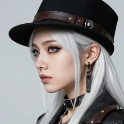 highly detailed 3 / 4 profile portrait of an london sewer punk lady, eyes, leather straps, hat, white hair ( ( by atey ghailan ) ), ( ( by greg tocchini ) ), by james gilleard, by kaethe butcher, gradient red, black, brown, cream and white color scheme, grunge aesthetic!!! ( ( graffiti tag wall ) )