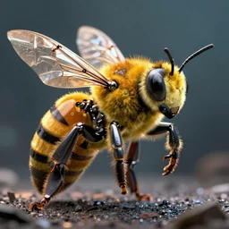 a close up of a giant mechanical bee by greg rutkowski, sung choi, mitchell mohrhauser, maciej kuciara, johnson ting, maxim verehin, peter konig, 8 k photorealistic, cinematic lighting, hd, high details, atmosphereric, trending on artstation