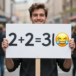 photograph of smiling man holding a protest sign saying'2 + 2 = 3 lol 😂 ', high detail, 8 k resolution