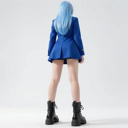 low - angle shot from behind of a girl with light blue straight hair in a blue tailcoat, combat boots, noir, sharp focus, intricate, illustration, cell shaded, digital painting, highly detailed, art by greg rutkowski, studio quality, makoto shinkai, james jean