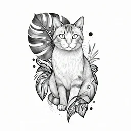 tattoo sketch, one eyed cat, monstera deliciosa, a draft, organic ornament, maori, vector