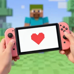 hand holding nintendo switch with heart icon on screen with minecraft background