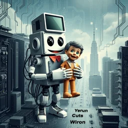 an anthropomorphic computer mascot with robotic arms and legs is holding a realistic human ventriloquist - dummy. inside a city made of circuit - boards and computer - components.