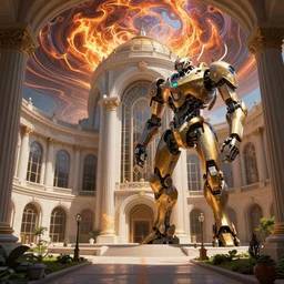 Futuristic school beautiful and magical. By Frank Lloyd Wright, concept art, inrincate, sharp focus, digital painting, unreal engine, cgsociety, neoclassical, mech, robot, fractal flame, cinematic, overwatch skin, highly detailded