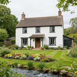 A beautiful cottage with a lush front yard, with a flower patch and a flowing river