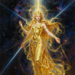 a golden goddess with blue adornments quarter turn figurative anime portrait, in space, transcending to a higher plane, the eternal blessing the holy nexus, in the multiverse, lazer light beaming down to top of her head, tim hildebrandt, wayne barlowe, bruce pennington, donato giancola, larry elmore, masterpiece, trending on artstation, cinematic composition, beautiful lighting, hyper detailed!, 8 k, oil on canvas