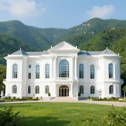 Gorgeous white palace with big windows and columns built in the green mountains, hyperdetailed, artstation, cgsociety, 8k