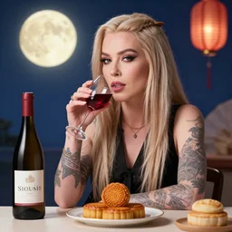 portrait of the most beautiful siouxsie sioux enjoying wine and mooncake, very detailed, wine bottle, beautiful mooncake, moonfestival decoration, mid autumn fesitval, by artgem, victo ngai, makoto shinkai, by klimt and nixeu and ian sprigger and wlop and krenz cushart