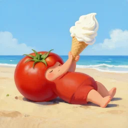 a realistic painting of a lazy tomato on a sunny beach eating ice cream white clouds in a cone