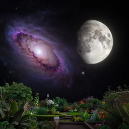 a garden on the fifth moon of the fourth planet in a solar system to the right of the nebulae to the left