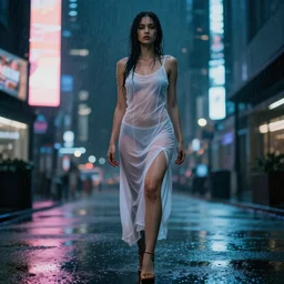 hyperdetailed, rule of thirds, cinematic portrait with a 4 0 0 mm lens and bokeh under the dim lights of screens with advertising at a lone realistic sexy model, face with artgram, wearing a sheer, wet, see through white dress, soaked in the rain, high heels, volumetric lighting, blade runner aesthetic