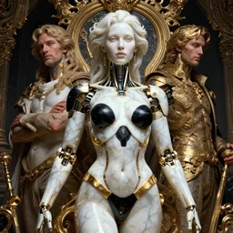 vibrant portrait of beautiful white marble, black onyx and gold cyborg woman by sandra chevrier, laurie greasley, gustave dore, ron english, cybernetics, low contrast, cinematic dramatic lighting, hyper realistic detailed intricate render, hypermaximalist, ornate, epic composition, 4 k 8 k, cryengine octane, sharp focus, concept art, masterpiece