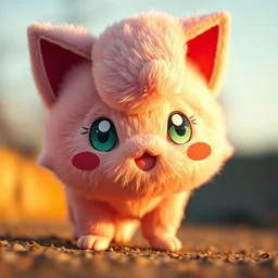 real life pokemon jigglypuff, adorable, fluffy pink hair, ultra realistic, golden hour, sharp focus