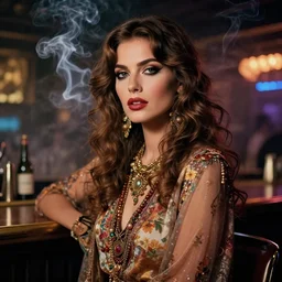 dream sophisticated portrait of beautiful woman, 1 9 8 0 s flower power hippy, very very smoky cyberpunk paris bar, elegance, highly detailed, shallow depth of field, artstation, artgerm, donato giancola and joseph christian leyendecker