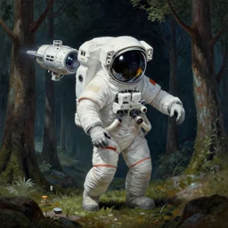 an astronaut and a space ship in a forest, a detailed matte painting by frieke janssens, featured on cgsociety, space art, matte painting, matte drawing